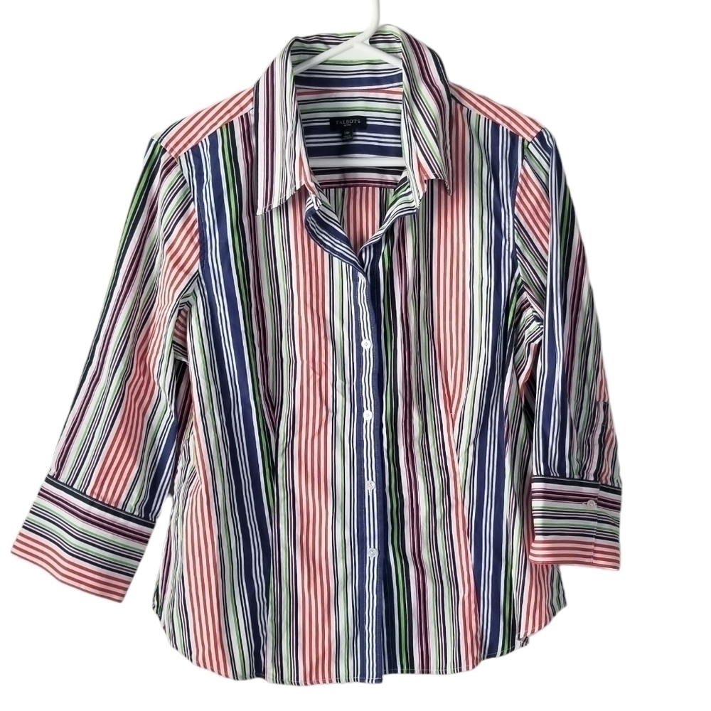 Talbots Petites 3/4 Length Sleeve Button Down Striped Shirt Blue/Orange/Green 14